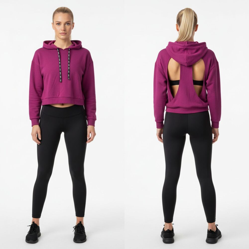 Savvi Purple Ribbed Long Sleeve Cutout Back Hoody Sporty Athletic Sweater M
